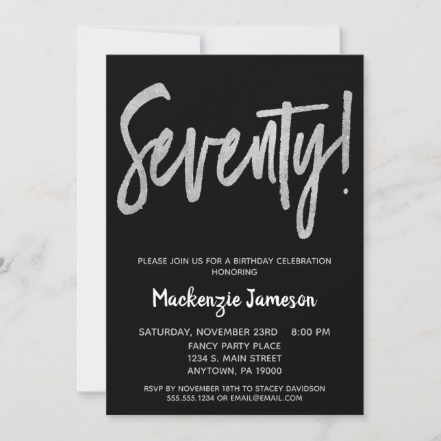 Black Silver Script 70th Birthday Party Invitation (Devant)