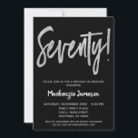 Black Silver Script 70th Birthday Party Invitation<br><div class="desc">Une invitation à la fête du 70e anniversaire,  élégante,  simple mais frappante,  noire et argent. Texte du script Glam en haut et en argent ci-dessous avec le nom en blanc de stand-out</div>