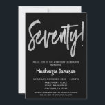 Black Silver Script 70th Birthday Party Invitation<br><div class="desc">Une invitation à la fête du 70e anniversaire,  élégante,  simple mais frappante,  noire et argent. Texte du script Glam en haut et en argent ci-dessous avec le nom en blanc de stand-out</div>