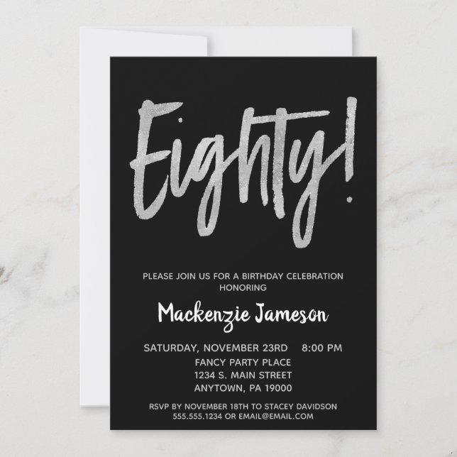 Black Silver Script 80th Birthday Party Invitation (Devant)