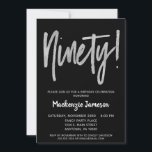 Black Silver Script 90th Birthday Party Invitation<br><div class="desc">Une invitation à la fête du 90e anniversaire,  élégante,  simple mais frappante,  noire et argent. Texte du script Glam en haut et en argent ci-dessous avec le nom en blanc de stand-out</div>