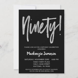 Black Silver Script 90th Birthday Party Invitation