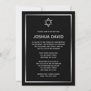 Black Silver Star de David Bar Mitzvah Invitations
