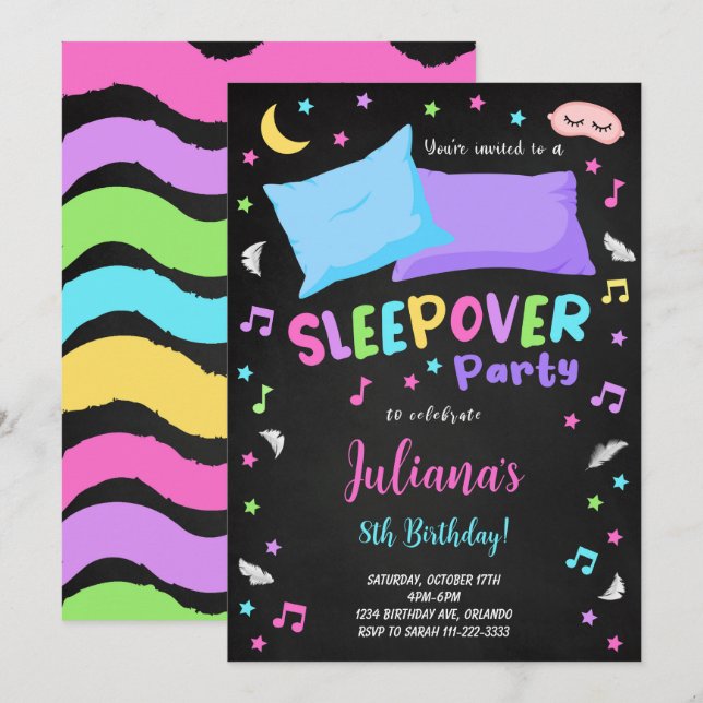 Black Sleepover Party Anniversaire Invitation (Devant / Derrière)