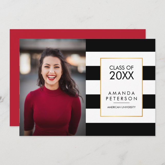 Black Stripe Faux cadre or Graduation Invitation (Devant / Derrière)