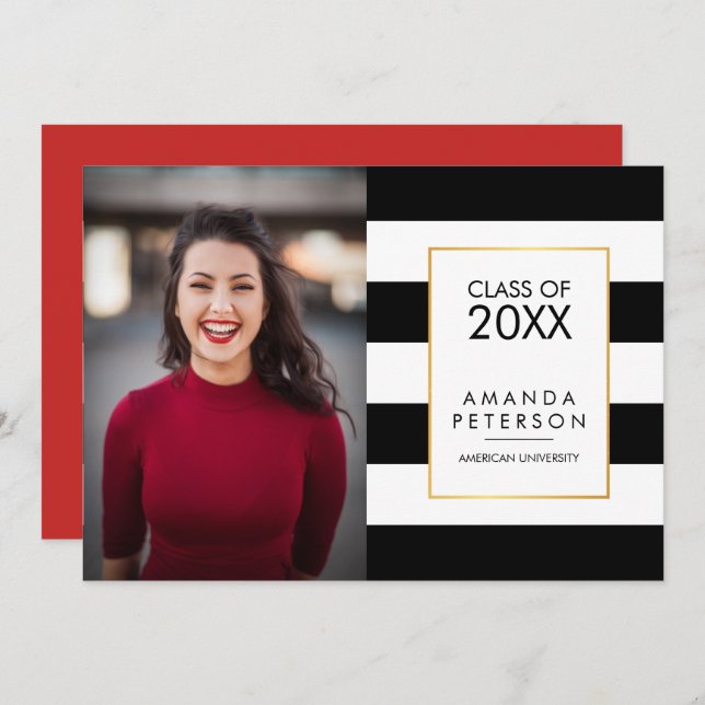 Black Stripe Faux cadre or Graduation Invitation (Devant / Derrière)