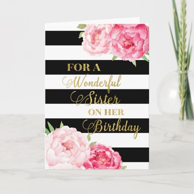 Black Stripes Fleurs Roses Soeur Carte Anniversair (Devant)