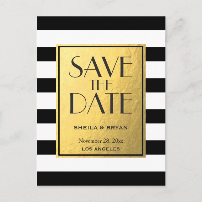 Black Stripes Gold Foil Enregistrer la date carte  (Devant)