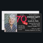 Black Surprise 70th Birthday Party Photo Invitatio<br><div class="desc">Téléchargez votre propre photo sur le côté couverture de cette carte. Texte personnalisable pour toutes les informations de votre parti. Les graphiques de couverture supplémentaires incluent "I'm not 70 I'm 69.99" étiquette de prix et lettres. Copiez et collez ce texte dans votre navigateur pour voir les accessoires correspondants dans notre...</div>