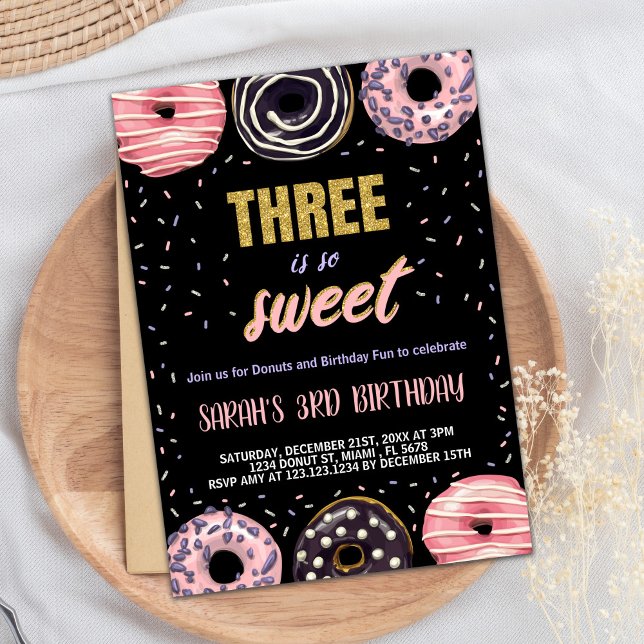 Black Three is Sweet Donut Invitations d'anniversa (Black Three is Sweet Donut Birthday Invitations)