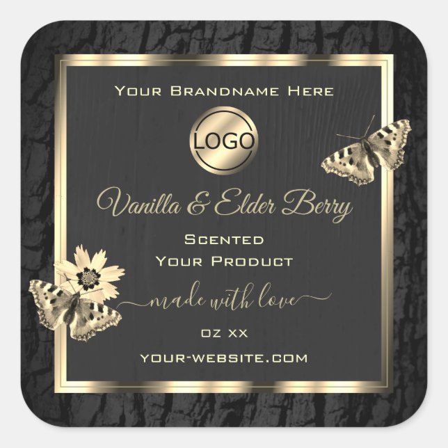 Black Tree Bark Wood Grain Gold Étiquette Logo (Devant)