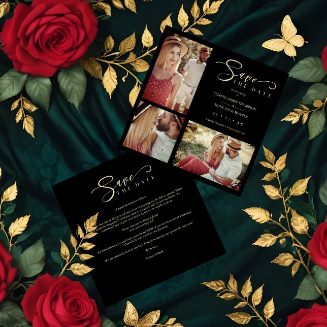 Black Trendy Collage Wedding 3 Photos (Stylish Black Trendy Collage Wedding 3 Photos Save the Dates Cards)