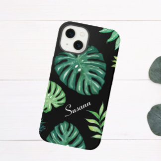 Black Tropical Leaf Motif iPhone 14 Coque