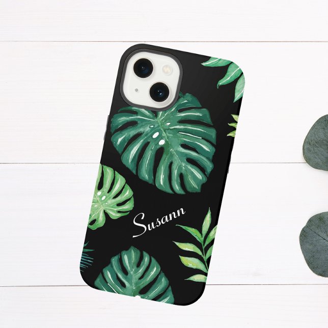 Black Tropical Leaf Motif iPhone 14 Coque (Créateur téléchargé)