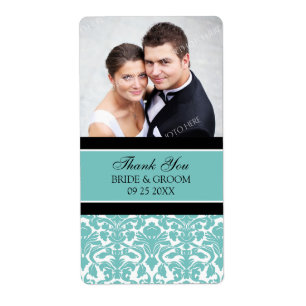 Black Turquoise Damask Photo Wedding Étiquettes