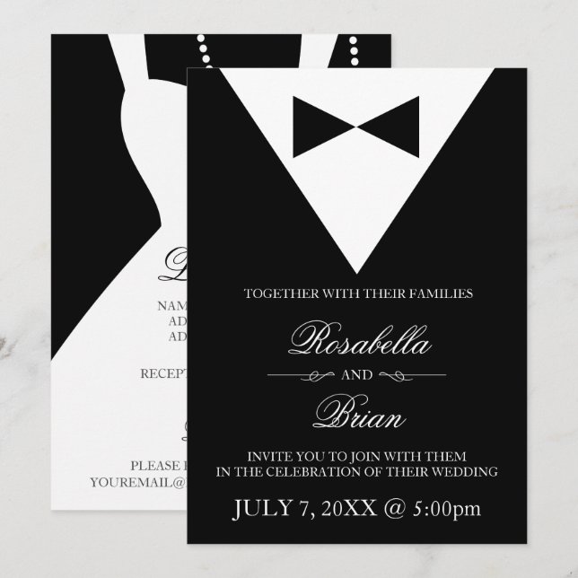 Black Tuxedo & Robe Blanche Invitations de mariage (Devant / Derrière)