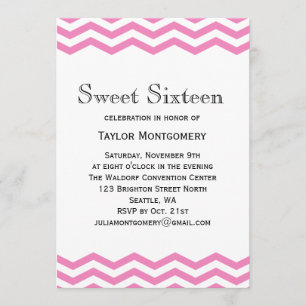 Black Type & Pink Chevron Sweet 16 Invitation