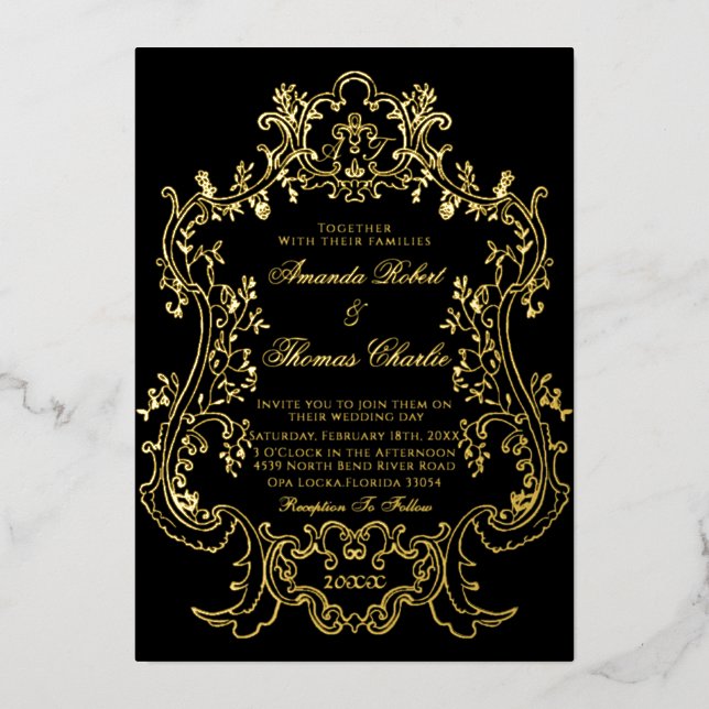 Black Victorian White et Gold Faire-part de mariag (Recto)