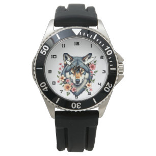 Black Vintage Wolf Floral Montre en cuir