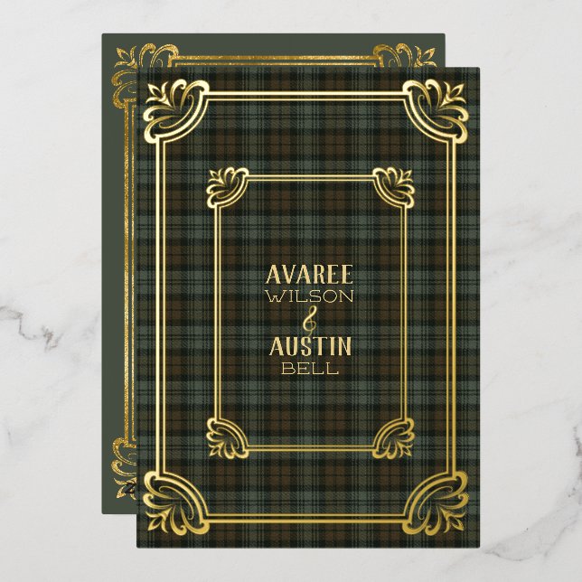 Black Watch Patiné Tartan Gold Foil Invitation (Recto/Verso)