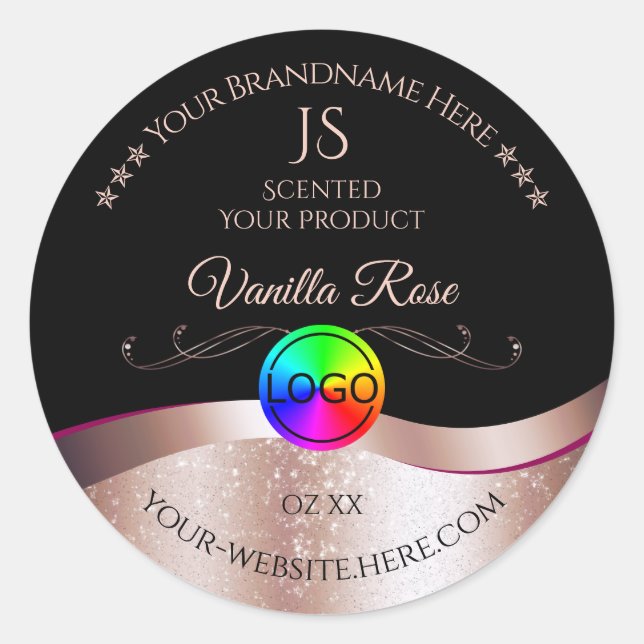 Black Wavy Rose Gold Logo Monogramme Étiquette pro (Devant)