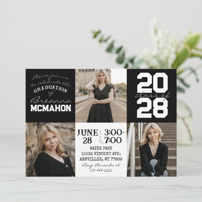 Black & White 3 Photo Graduation Invitation (Debout devant)