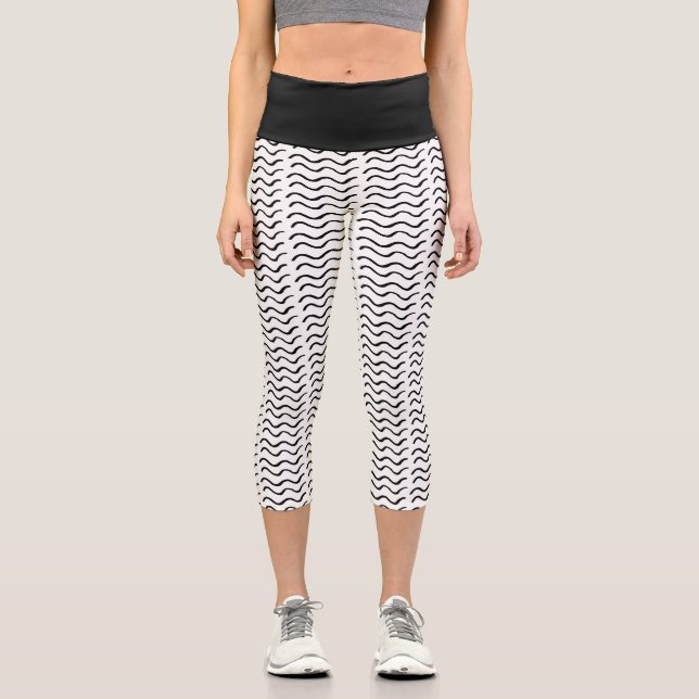 Black & White Abstrait Wave Motif Capri Leggings (Recto)