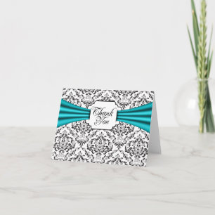 Black White Aqua Damask Merci Cartes de notes