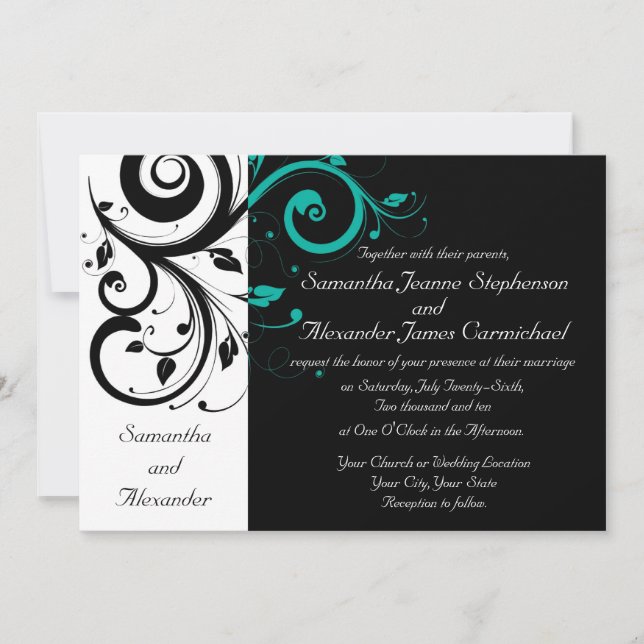 Black White Aqua Swirl Invitations de mariage (Devant)