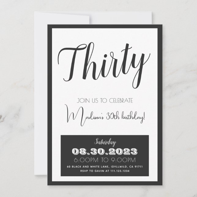 Black White Bold 30e anniversaire Invitation n'imp (Devant)