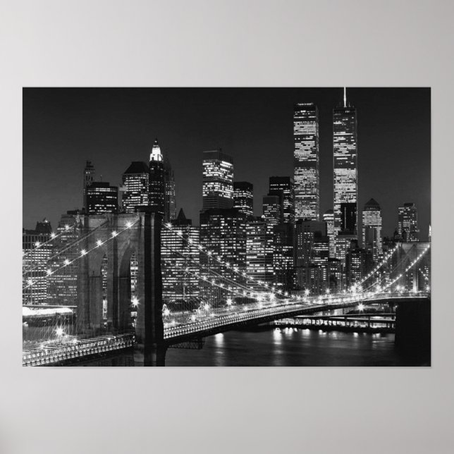 Black White Brooklyn Bridge New York Night Poster (Devant)