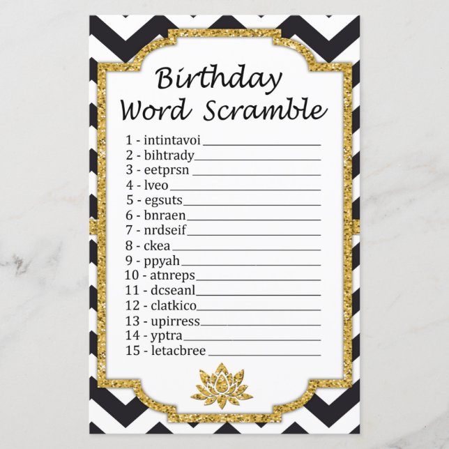 Black White Chevron Anniversaire Word Scramble Jeu (Devant)