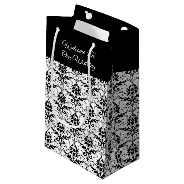 Black & White Damask Imprimer - Sac cadeau Mariage (Devant Angle)