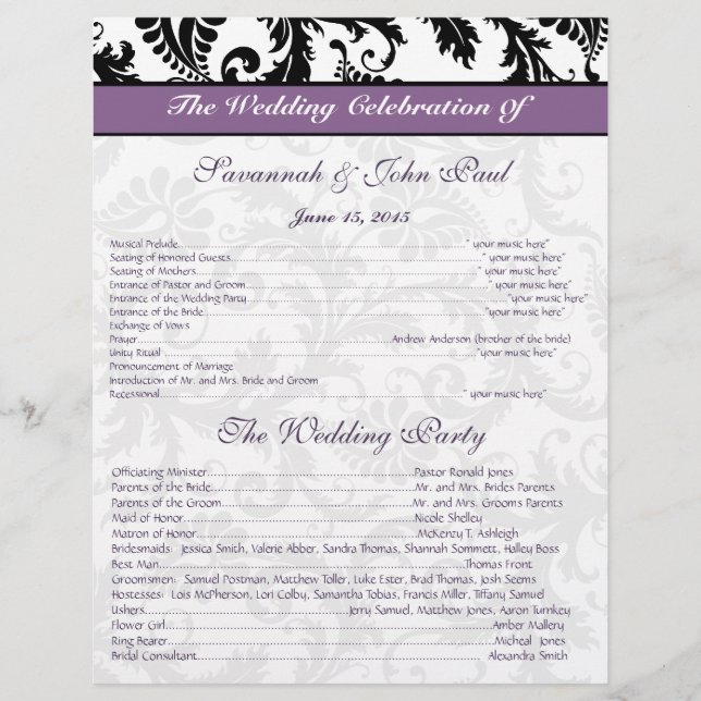 Black & White Damask Purple Band Wedding Program (Devant)