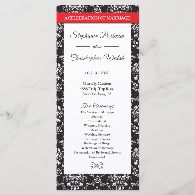 Black White Damask Red Ribbon Wedding Programme (Devant)
