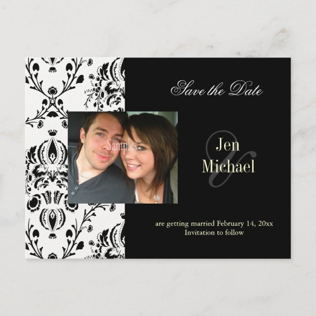 Black + white Damask Save Date Carte postale photo (Devant)
