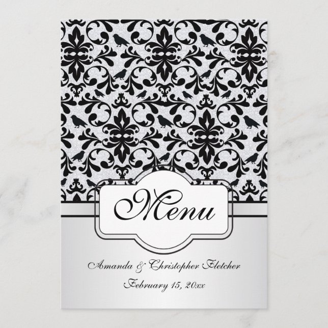 Black white damask swirls, birds Menu Invitation (Devant)