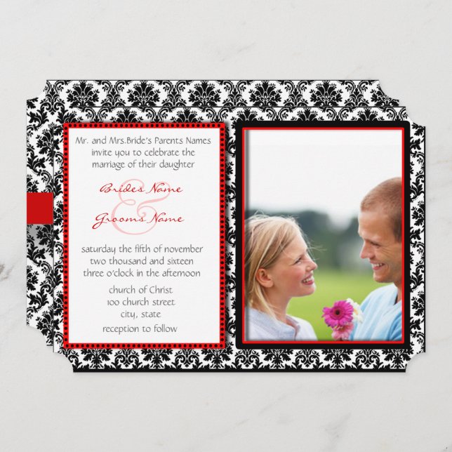 Black & White Damask Your Photo Wedding Invitation (Devant / Derrière)