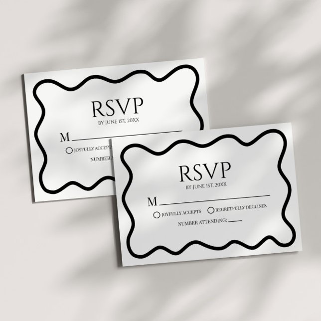 Black White Elegant Wavy Border Wedding RSVP Card (Créateur téléchargé)