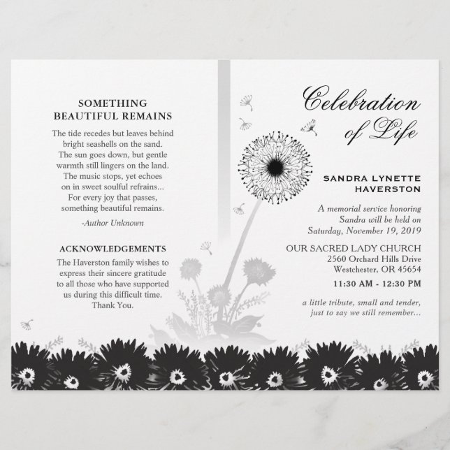 Black & White Floral Funeral Program avec photo (Devant)