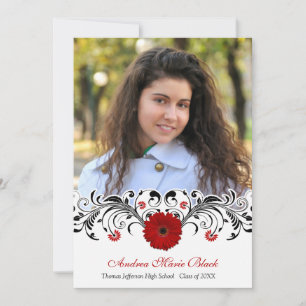 Black White Floral Red Daisy Graduation Invitation