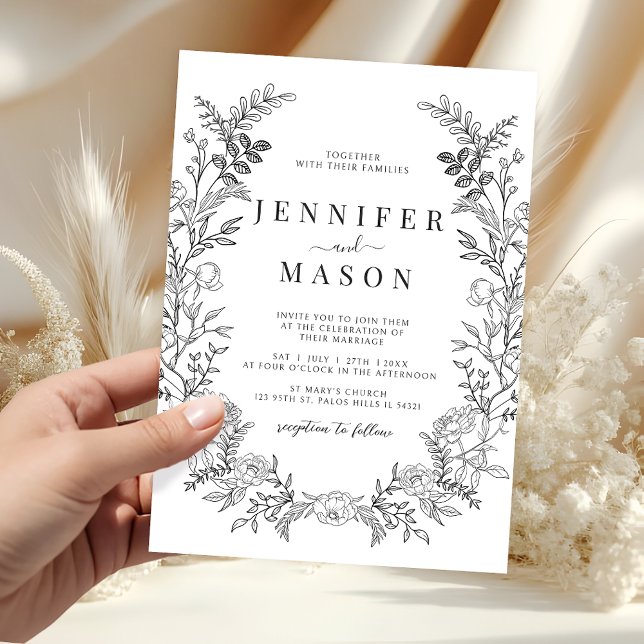 Black white floral wreath boho wedding invitation (Créateur téléchargé)