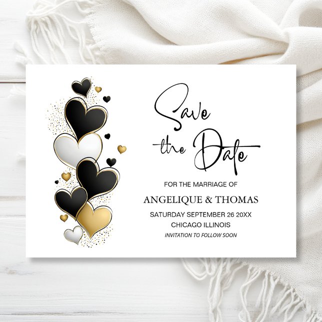 Black White Gold Hearts Wedding Save the Date (Créateur téléchargé)