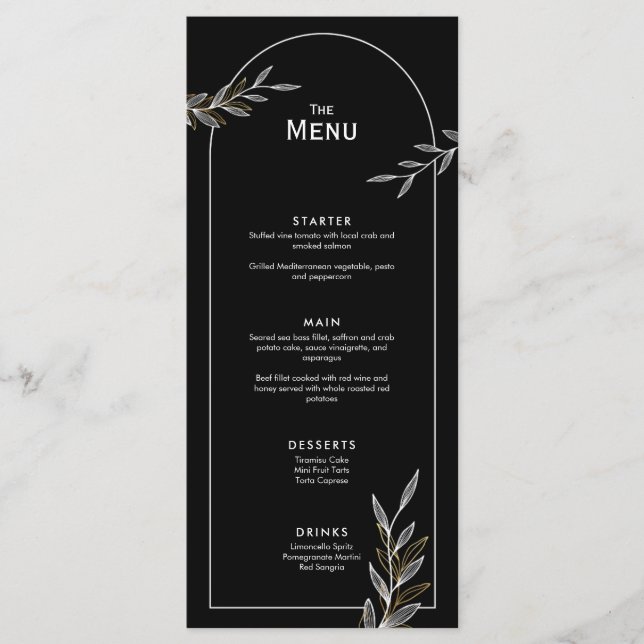 Black White Gold Leaf Mariage Événement Menu Carte (Devant)