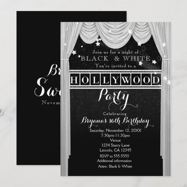 Black & White HOLLYWOOD Rideaux Invitations de fêt (Devant / Derrière)