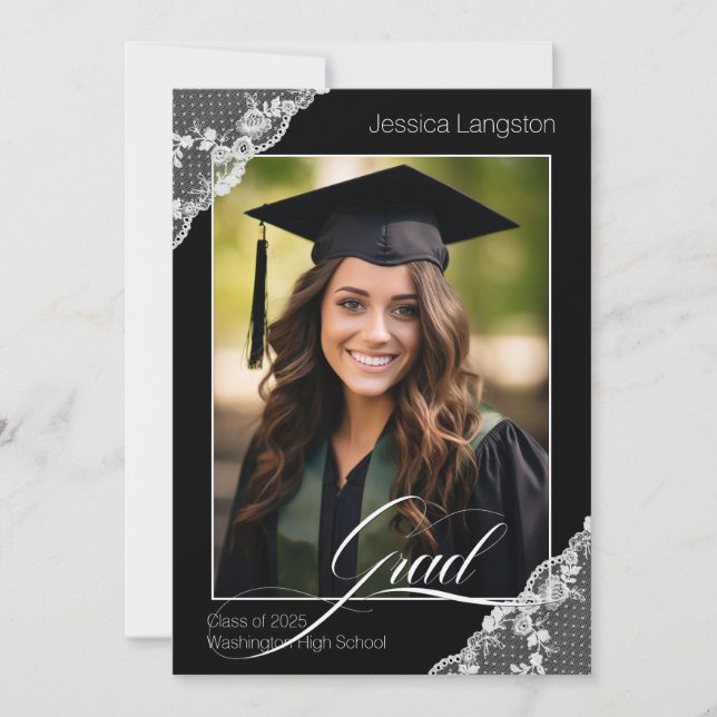 Black White Lace Photo Graduation Party Invitation (Devant)