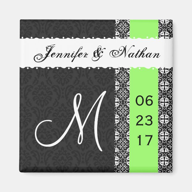 Black White Lime Green Damask Lace Magnet Mariage (Devant)