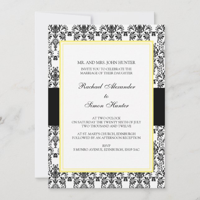 Black & White Mariage damassé Invitation jaune 2 (Devant)