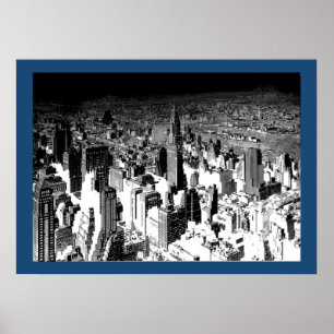 Black White New York City Blue Border Poster