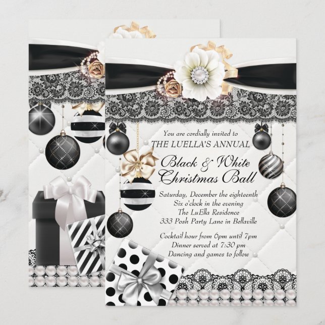 Black White Noël Ball Invitations (Devant / Derrière)